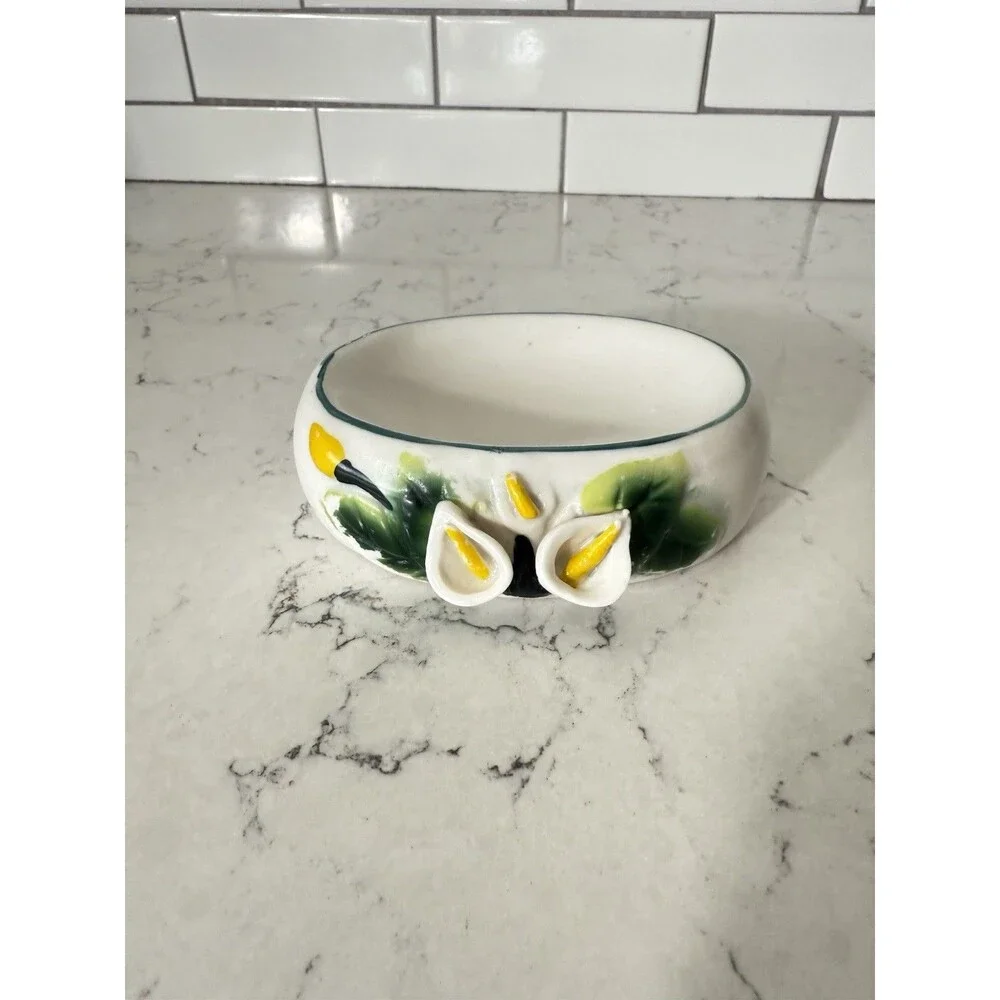 Vintage Black Ceramic Soap Dish Calla Lily Design